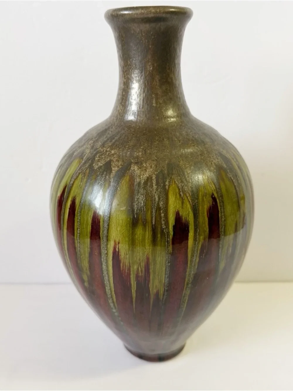 PIER 1 Flower Vase Large Moss Green Brown Drip Glaze Ceramic Glossy
